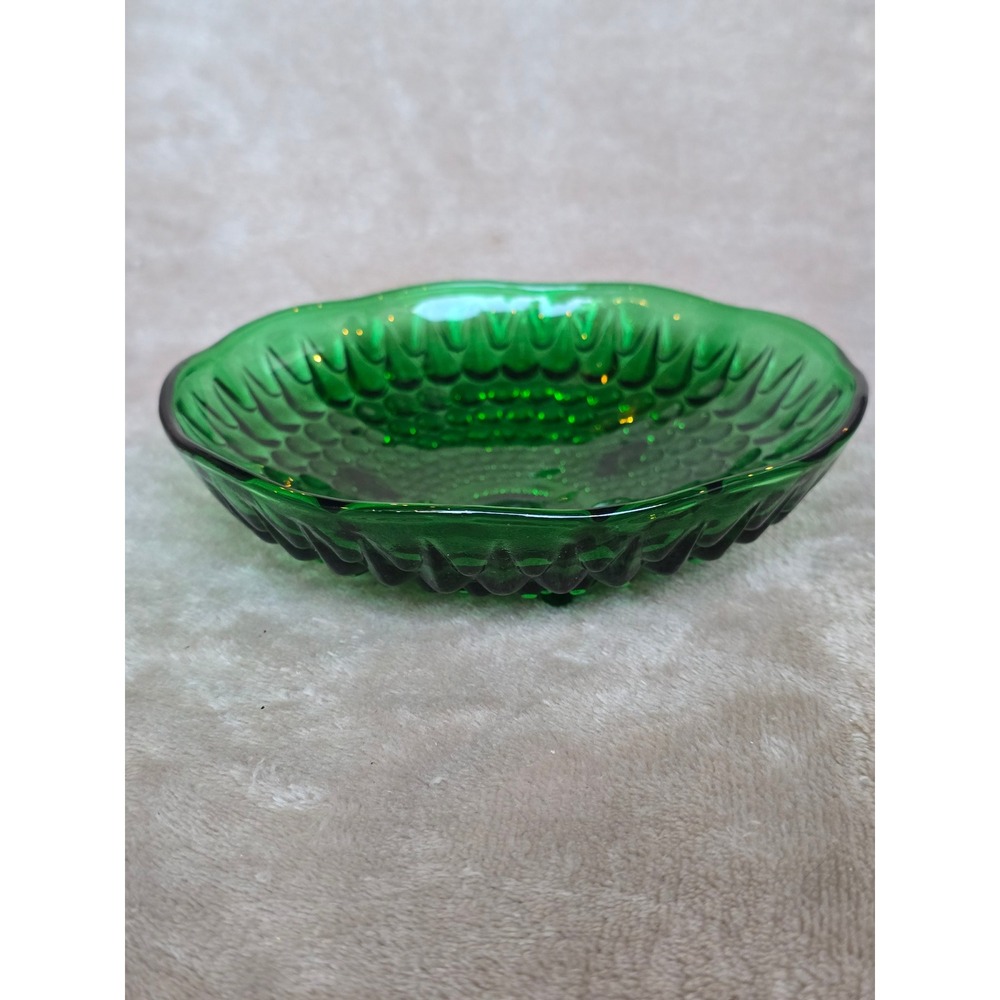 Vintage Emerald Green Hobnail Glass Footed Bowl Scalloped Edge Mid Century Decor